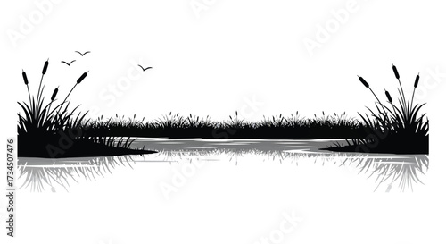 Grassy riverbank with reeds and birds in a black and white silhouette