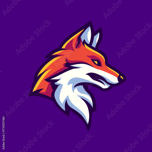 Bold graphic of a red fox with a white underbelly and yellow highlights on purple