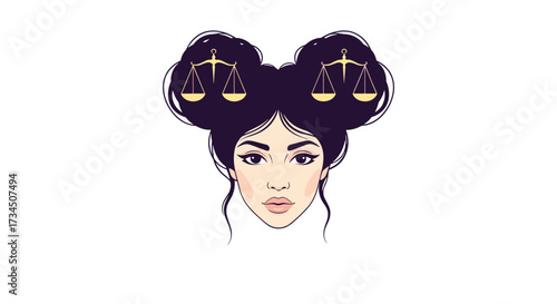 A woman with a stylized astrological symbol for Libra placed in her hair.
