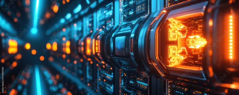 Obraz premium A futuristic corridor filled with glowing orange and blue technology, showcasing a high-tech environment with illuminated circuitry and advanced machinery.