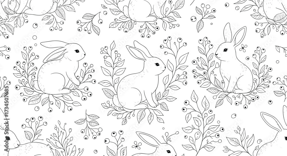 Naklejka premium An abstract pattern of delicate botanical elements rendered in a monochromatic sketch style.