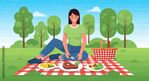 Illustration of a woman having a delightful picnic in a lush green park with trees on a sunny day