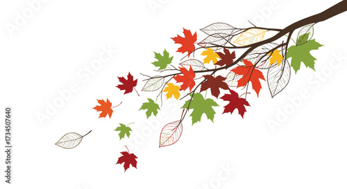 Autumn tree branch with falling leaves in vibrant colors like red yellow and green.