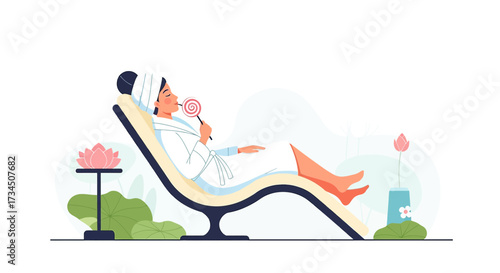 Illustration of a woman relaxing with a lollipop in a spa environment on a lounge chair