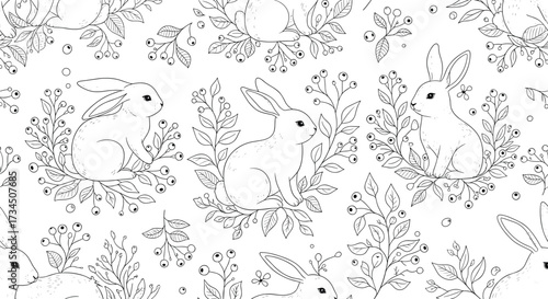 An abstract pattern of delicate botanical elements rendered in a monochromatic sketch style.