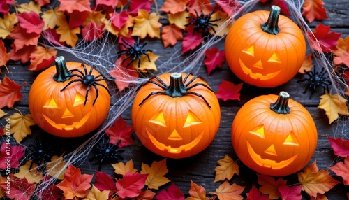 Festive Halloween Scene with Jackolanterns and Spiders