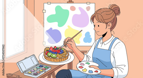 Illustration of a young artist painting a fruit tart with watercolors in a studio setting