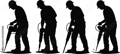 Silhouette of construction workers using jackhammers, laborers breaking concrete and drilling pavement during demolition, roadwork and heavy groundwork at building construction site illustration