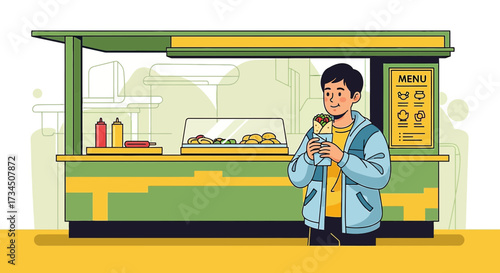 Illustration of a Young Man Enjoying a Shawarma at a Vibrant Food Stall with Menu Displayed