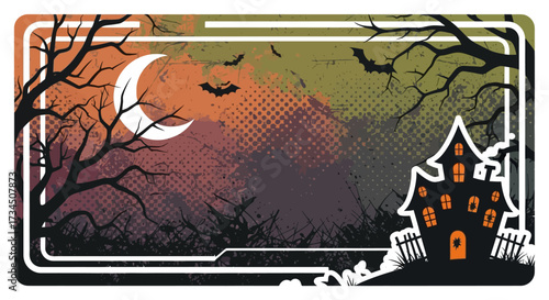 Spooky Halloween night with haunted house, bats, and eerie moon for festive celebrations and chilling invitations, perfect for seasonal marketing campaigns