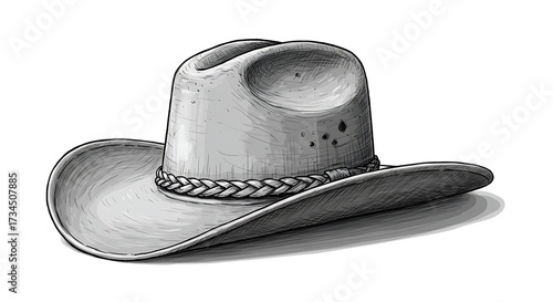 Detailed illustration of a grey akubra hat with braided band isolated on white background, a symbol of australian outback style