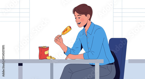 Illustration of a young man enjoying a snack break with a corn dog and chips at work