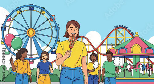 Illustration of happy people enjoying a day at amusement park with iconic rides and foods