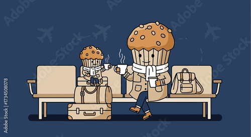 Illustration of two cupcake characters in an airport waiting area with luggage and coffee