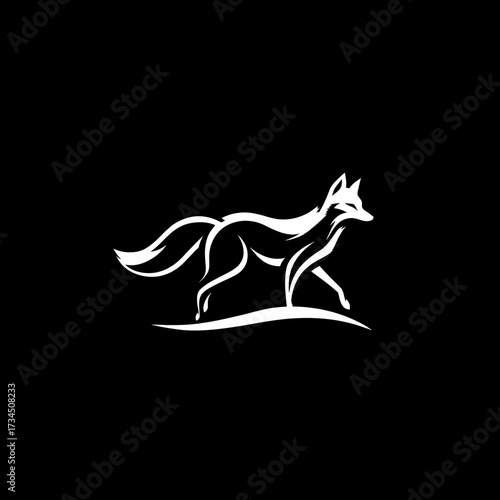 Stylized white fox on a black background, walking on a single line