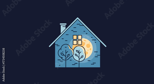 Dreamy midnight house illustration with glowing moon, perfect for bedtime stories and peaceful designs, bringing a touch of magic to any project