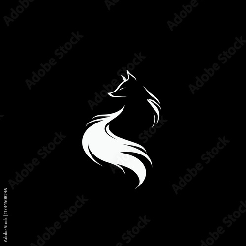 Elegant fox design in white against black backdrop. Minimalist illustration