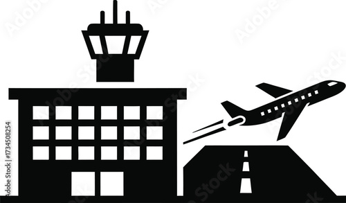 Airport terminal building with airplane taking off
