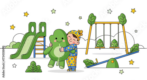 Joyful playground adventure boy hugging green plush toy surrounded by play equipment