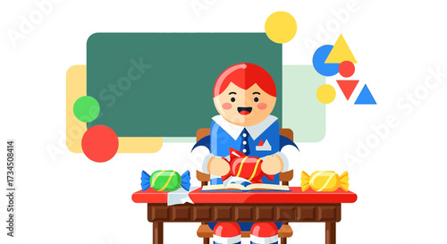 Joyful student unwrapping gift at desk surrounded by colorful geometric shapes and candies