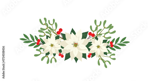 Elegant winter holiday floral arrangement with white poinsettias and mistletoe for festive decorations.