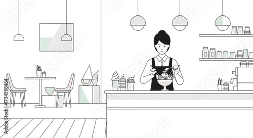 Line art cafe scene featuring a waitress preparing a dessert behind the counter is displayed