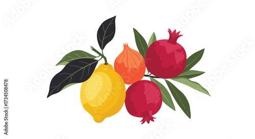 A vibrant arrangement of ripe pomegranates a bright yellow lemon and a small citrus fruit with green leaves.