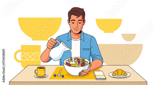 Man enjoying a healthy breakfast with cereal and fresh fruit while pouring milk illustration