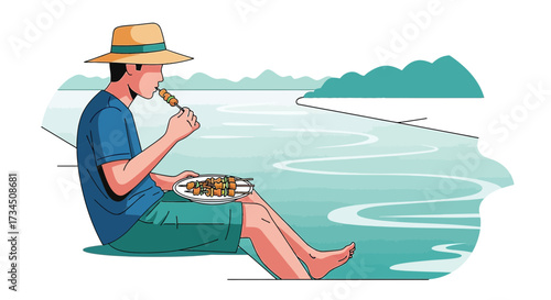 Man enjoying barbecue skewers by the lake on a relaxing summer vacation trip