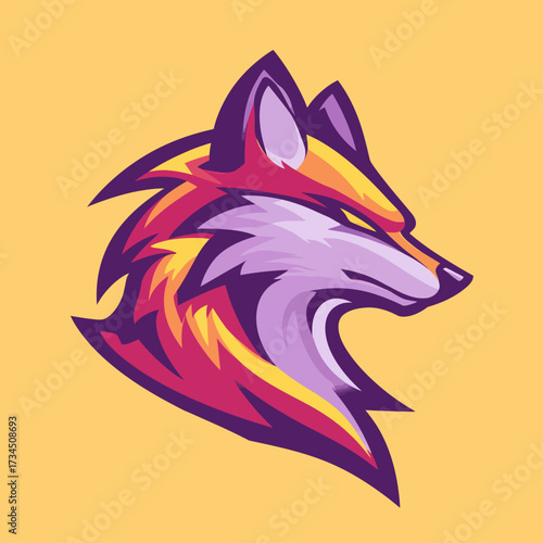 Stylized fox portrait in vibrant colors, sharp lines on yellow background, digital art