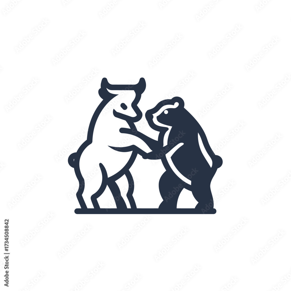 Fototapeta premium Stylized bull and bear stand, touching paws in a simple, cartoon-like illustration