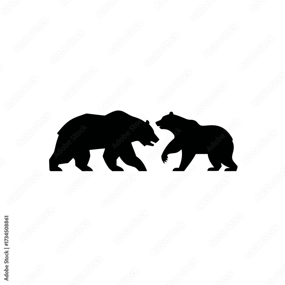 Fototapeta premium Two bears in silhouette stand face to face in a minimalist monochrome illustration