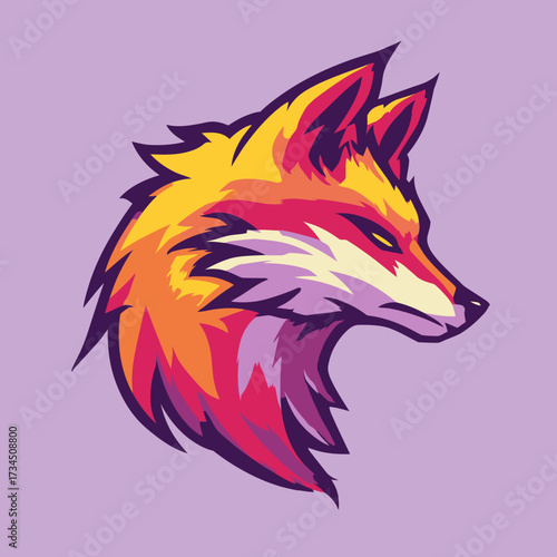 Colorful stylized fox illustration on a light purple background, head in profile