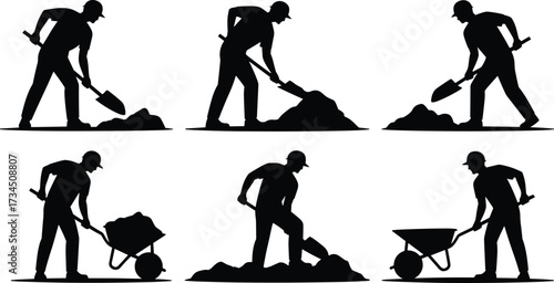 Silhouette of construction workers shoveling and transporting soil with wheelbarrows, manual excavation laborers performing groundwork and earthmoving at building construction site illustration