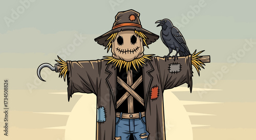 Whimsical cartoon scarecrow with a friendly crow perched on its shoulder, ready for autumn fun and creative Halloween designs
