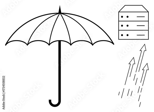 Umbrella covering server, arrows moving upward symbolizing intrusions. Ideal for data protection, cybersecurity, server safety, risk management, online protection, threat mitigation, simple flat