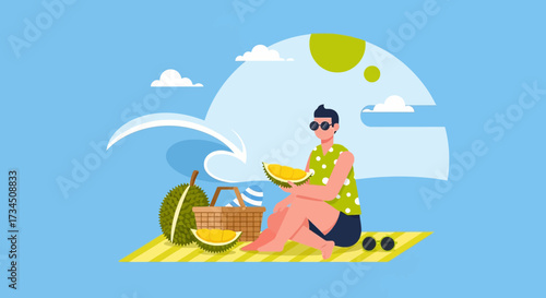 Man enjoys durian at a beach picnic on a bright summer day relaxing vacation