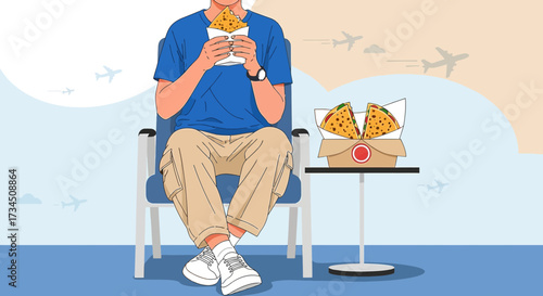 Man in Airport Lounge Enjoying Quesadillas Before Flight, Capturing Travel and Food Culture, a