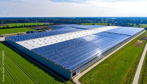 An immense logistics warehouse with a roof partially covered by numerous solar panels, set amidst verdant fields under a bright, sunny sky, symbolizing green energy in industry.