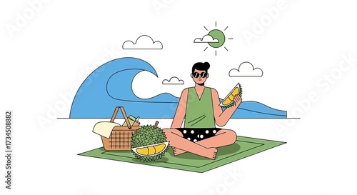 Man enjoys durian picnic on the beach with a sea view in a relaxed and summer vibe