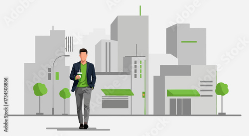 Man in blazer walking with coffee in urban setting with green accents and modern buildings