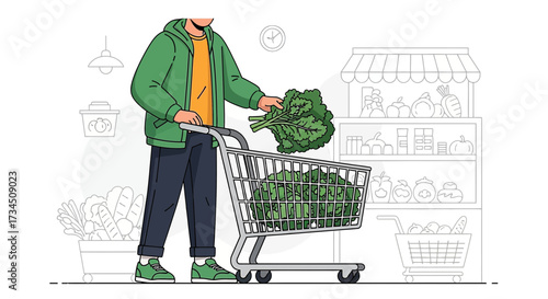 Man shopping for fresh produce at a supermarket, selecting healthy green kale for his shopping