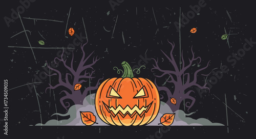 Spooky pumpkin carving grinning wickedly between haunted trees with falling leaves against a dark Halloween night sky background, ready for tricks or treats