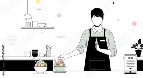 Minimalist illustration of a barista preparing dessert in a cafe setting with clean lines