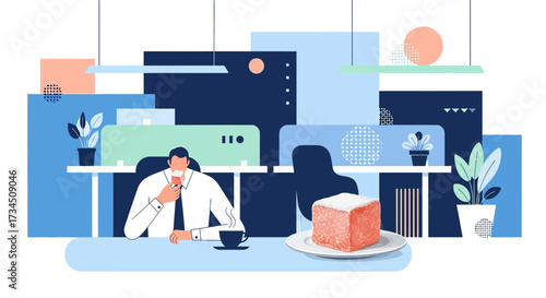 Modern Business Break: A man enjoys a sweet treat and coffee during work in a geometric office space