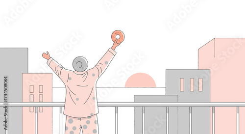 Morning Joy: Cartoon Woman with Donut on Balcony Embracing the Sunrise and City View