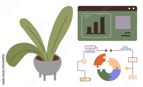 Potted plant, bar graph, flowchart, and circular infographic elements combine nature, data, and processes. Ideal for sustainability, project planning, business strategy organic growth innovation
