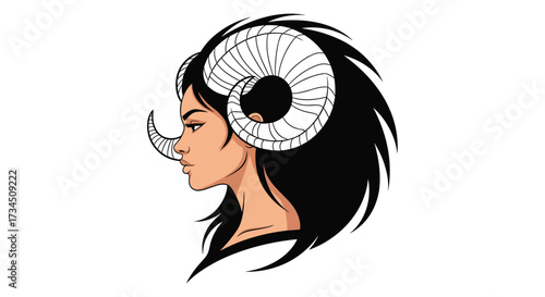 Stylized profile of a woman with large ram horns and dark hair.