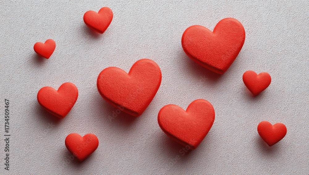 Fototapeta premium Scattered red hearts on a textured pink surface