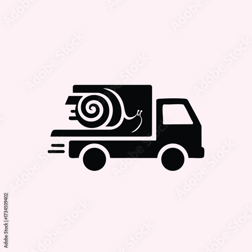 Silhouette of a delivery truck transporting a large rolled-up item with motion lines indicating speed and movement
